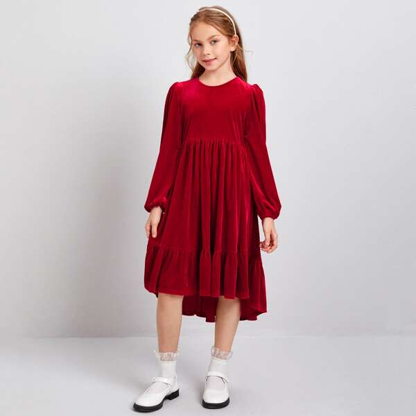 

Girls Lantern Sleeve High-low Ruffle Hem Velvet Dress, Red