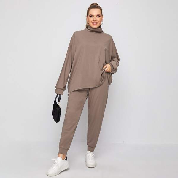 

Plus Rolled Neck Solid Top & Sweatpants Set, Mocha brown