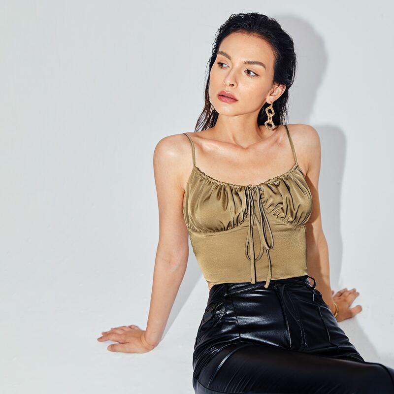 

Ruched Bust Tie Front Satin Cami Top, Mocha brown