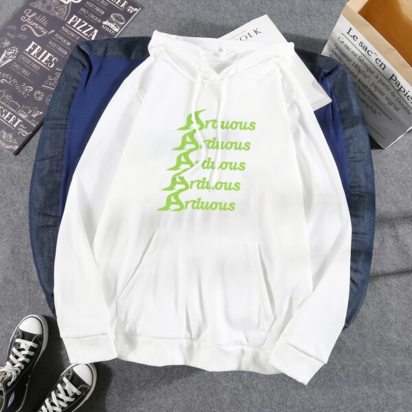 

Men Letter Graphic Drawstring Hoodie, White