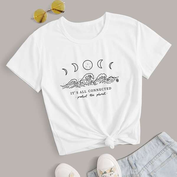 

Moon And Slogan Print Tee, White
