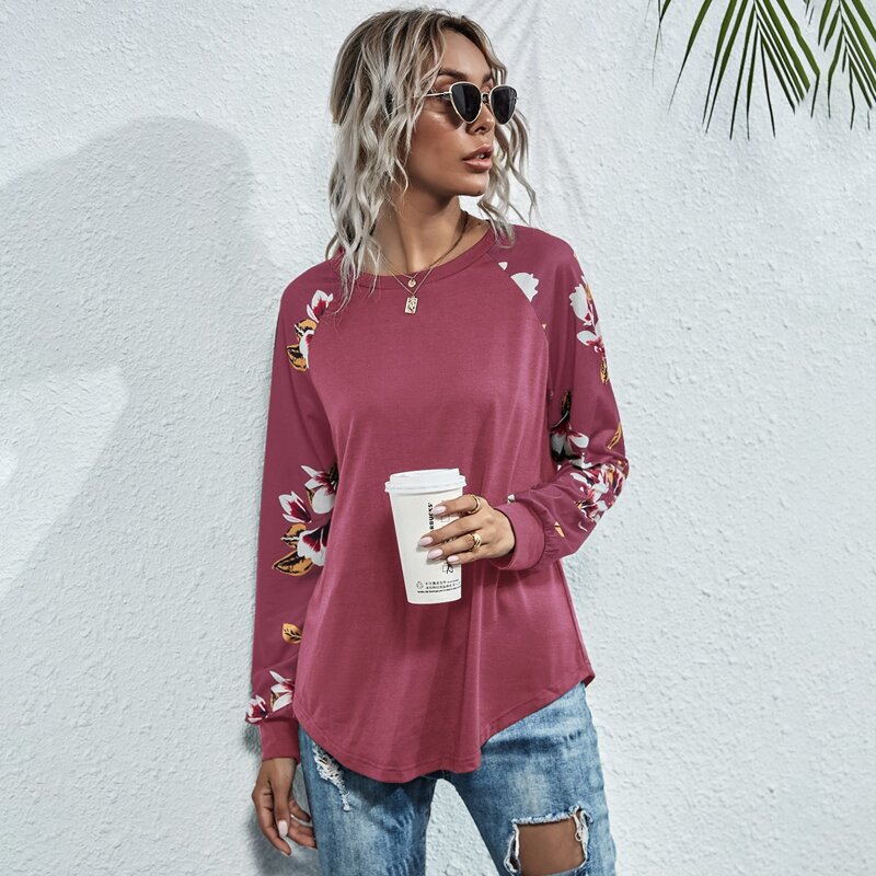 

Flower Print Raglan Sleeve Tee, Pink