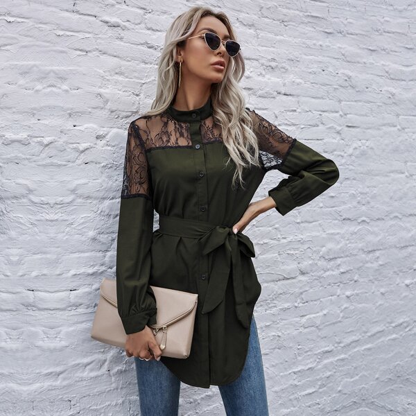 

Lace Yoke Belted Longline Blouse, Army green