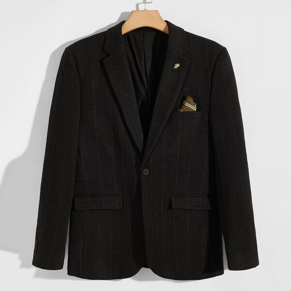 

Men Striped Pocket Single Button Blazer, Black