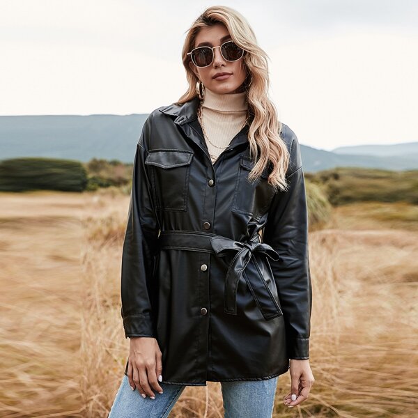 

Button Front Flap Pocket Belted PU Leather Coat, Black
