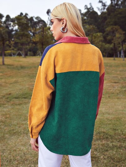 Button Front Patch Pocket Colorblock Cord Blouse