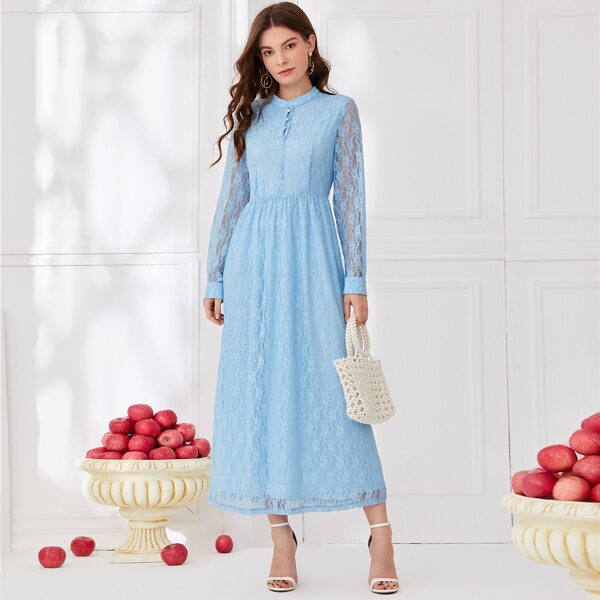

Button Front Lace A-line Dress, Baby blue