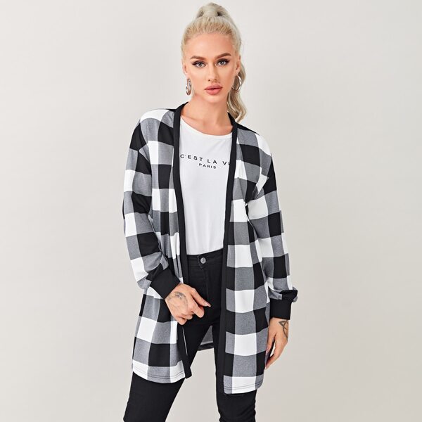 

Drop Shoulder Buffalo Plaid Coat, Black and white