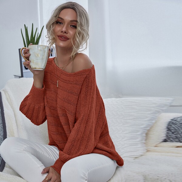 

Batwing Sleeve Pointelle Knit Sweater, Burnt orange