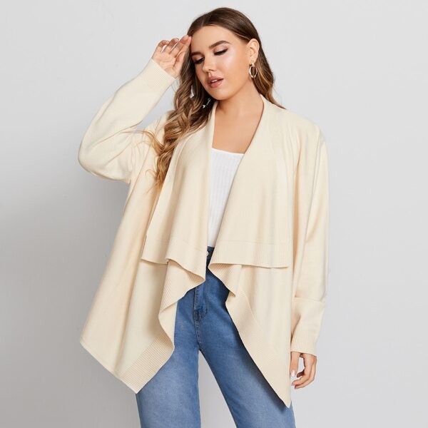 

Plus Waterfall Collar Solid Cardigan, Beige