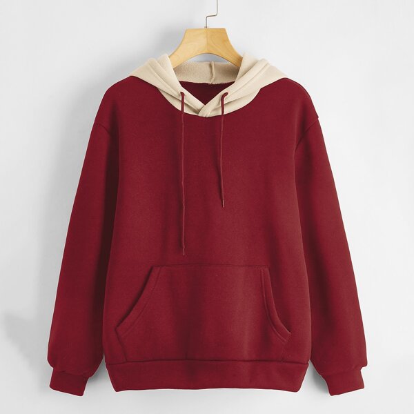 

Kangaroo Pocket Color Block Drawstring Thermal Hoodie, Burgundy