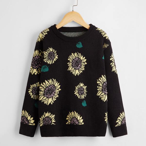 

Girls Drop Shoulder Sunflower Pattern Sweater, Black