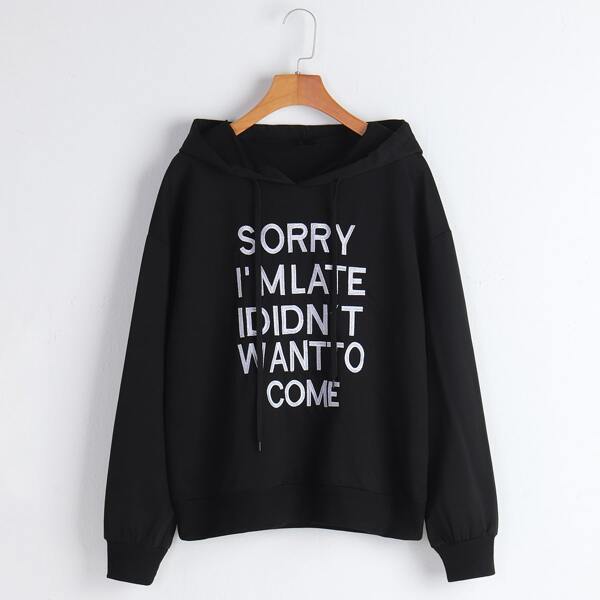 

Drop Shoulder Embroidery Slogan Drawstring Hoodie, Black
