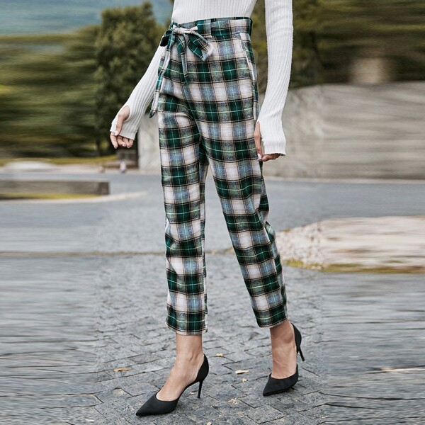 

Slant Pocket Belted Tartan Pants, Multicolor