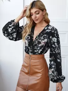 SHEIN Privé 交叉領植物圖案連體衣 - 彩色 - 查看 5