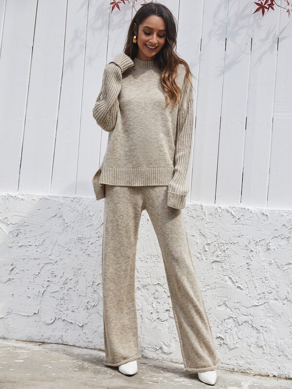 Space Dye Mock Neck Sweater & Knit Pants SHEIN USA