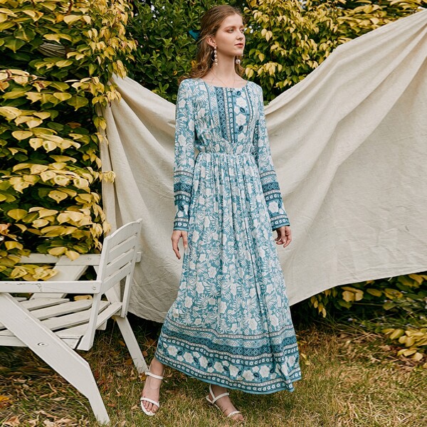 

Flower Print A-Line Dress, Blue and white