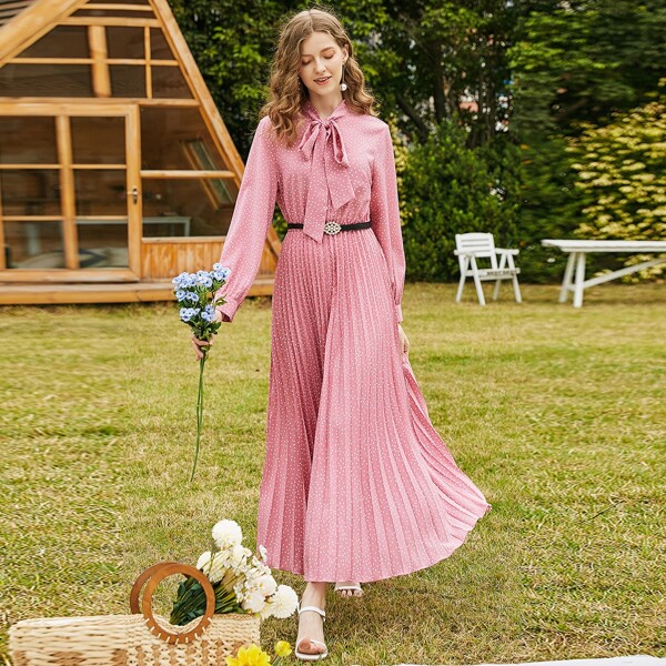 

Polka Dot Tie Neck Belted Dress, Pink