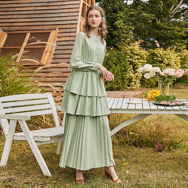 

Half Button Layered Ruffle Pleated Hem Dress, Lime green