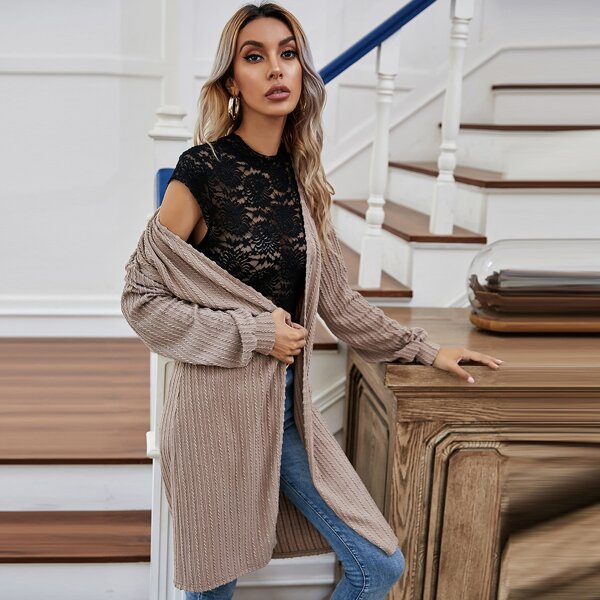

Textured Open Front Coat, Camel