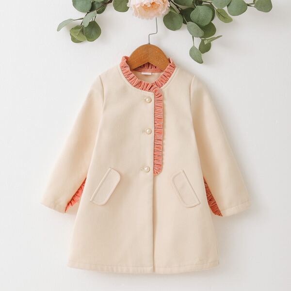 

Toddler Girls Contrast Frill Trim Pearls Button Overcoat, Apricot