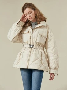 SHEIN Unity Flap Pocket Buckle Belted Down Coat - Beige - View 3