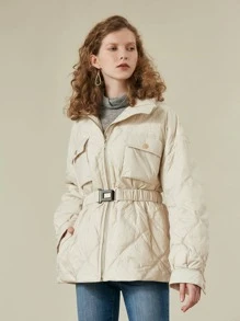 SHEIN Unity Flap Pocket Buckle Belted Down Coat - Beige - View 4