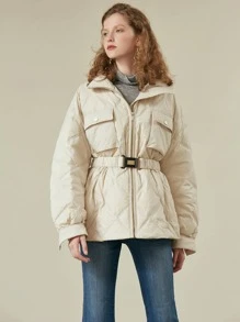 SHEIN Unity Flap Pocket Buckle Belted Down Coat - Beige - View 5