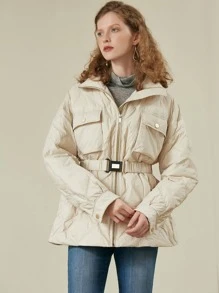 SHEIN Unity Flap Pocket Buckle Belted Down Coat - Beige - View 6