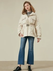 SHEIN Unity Flap Pocket Buckle Belted Down Coat - Beige - View 7