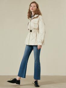 SHEIN Unity Flap Pocket Buckle Belted Down Coat - Beige - View 9