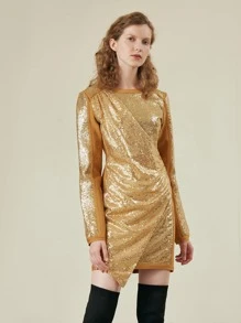 SHEIN Vestido fruncido cruzado con lentejuelas - Dorado - Ver 6