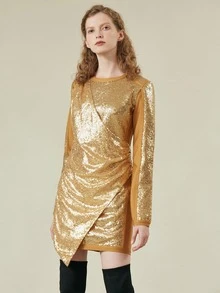 SHEIN Vestido fruncido cruzado con lentejuelas - Dorado - Ver 7