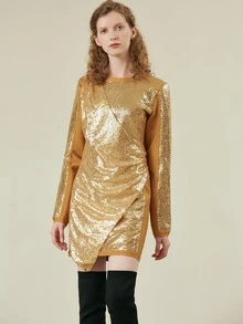 SHEIN Vestido fruncido cruzado con lentejuelas - Dorado - Ver 8