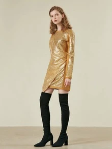 SHEIN Vestido fruncido cruzado con lentejuelas - Dorado - Ver 9