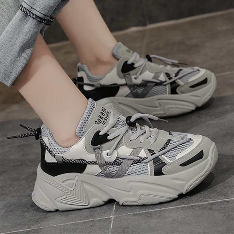 

Drawstring Decor Lace-up Chunky Sneakers, Grey