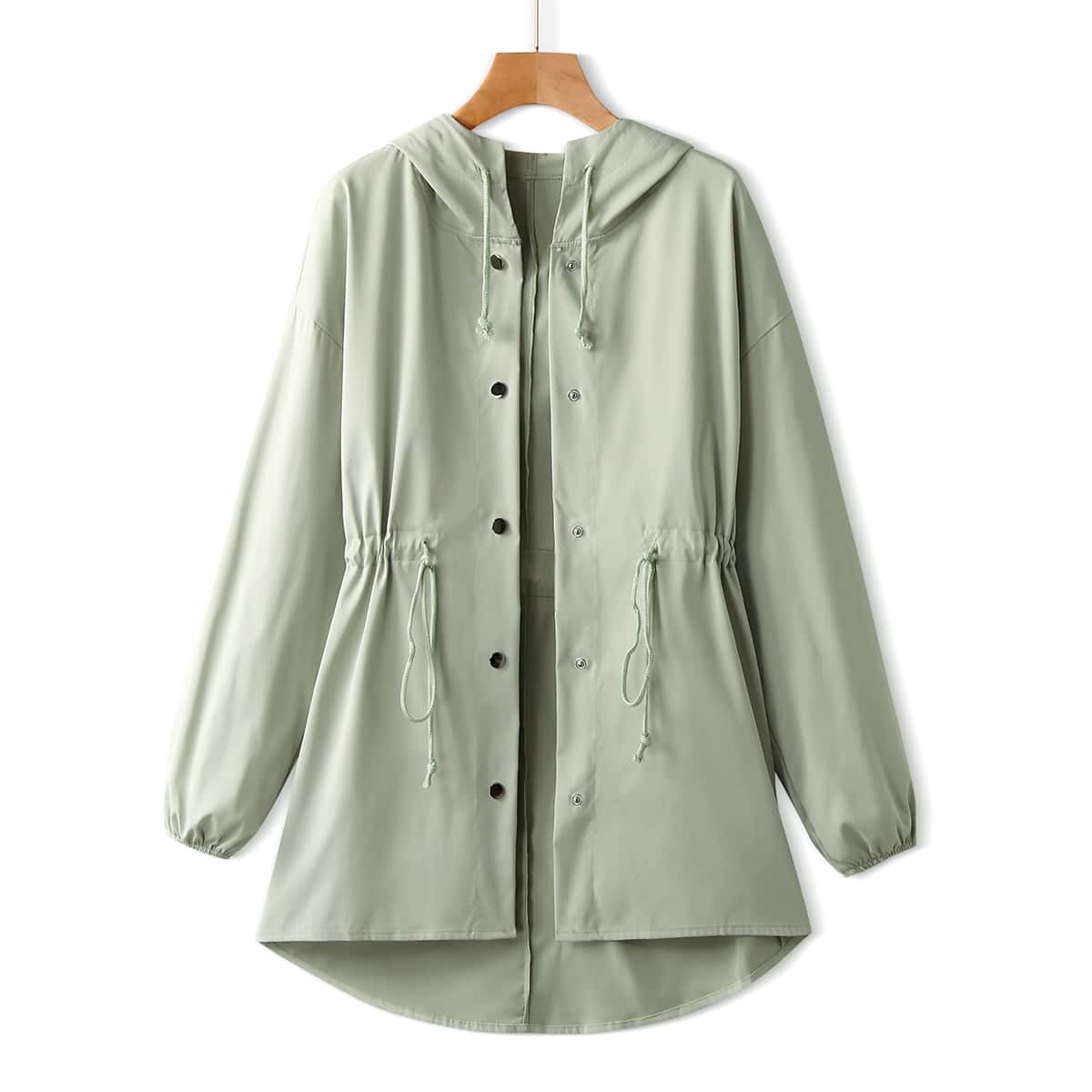 

Drawstring Waist Button Up Hooded Coat, Mint green