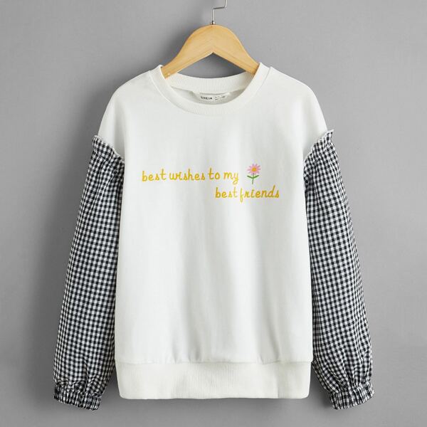 

Girls Contrast Gingham Sleeve Slogan Graphic Pullover, White