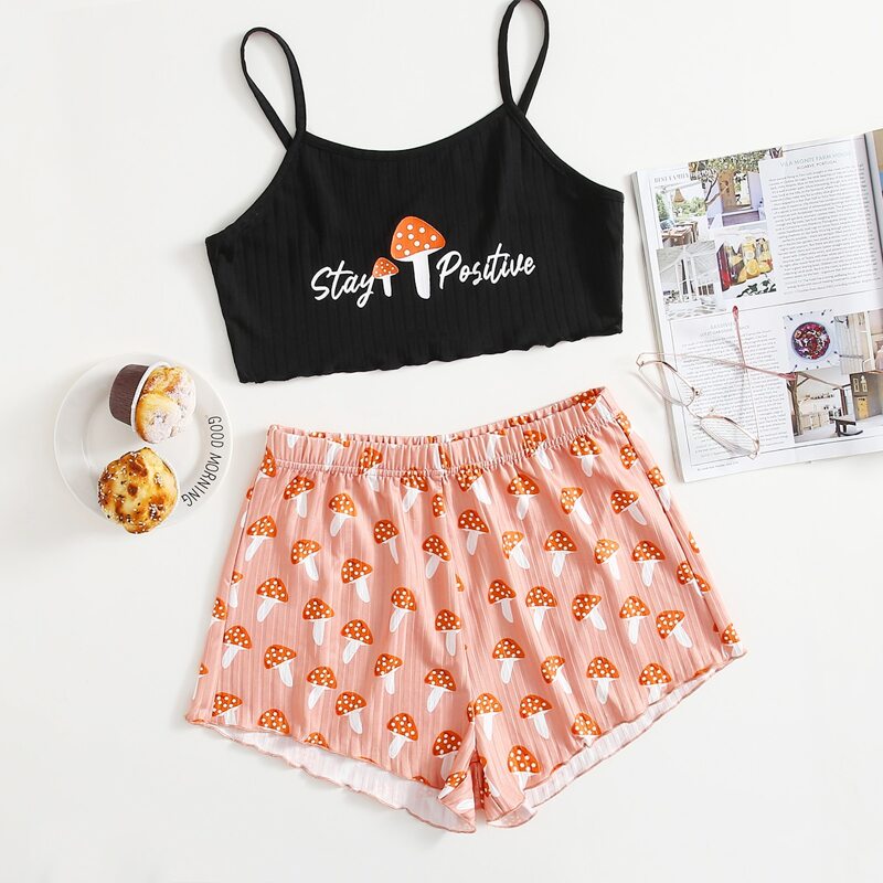 

Slogan And Mushroom Print Cami Pajama Set, Multicolor