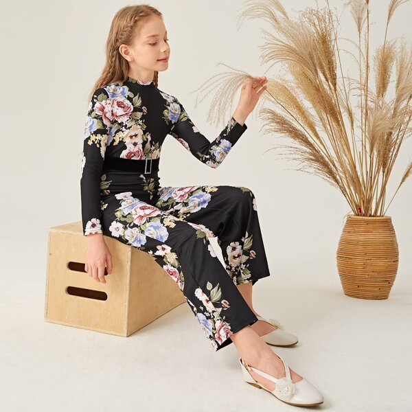

Girls Floral Print Buckle Belted Palazzo Jumpsuit, Multicolor