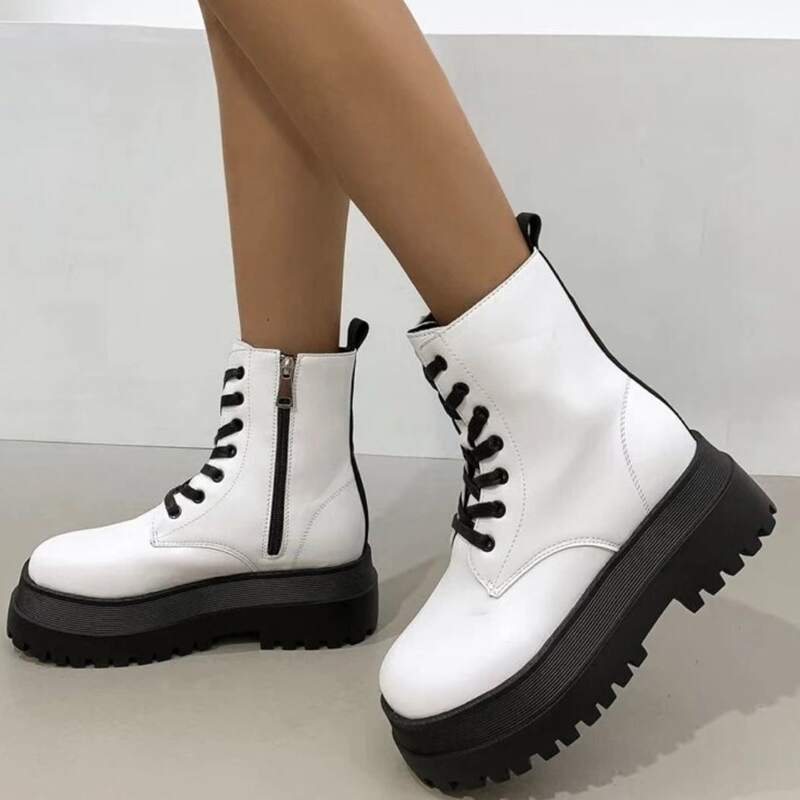 

Colorblock Lace-up Combat Boots, White