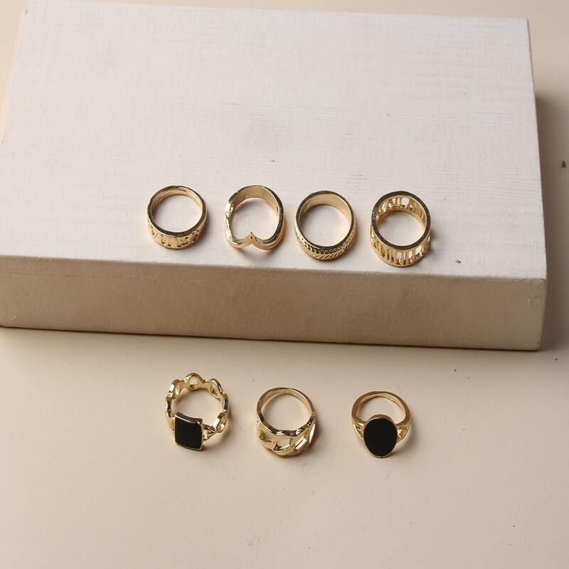 

7pcs Geo & Hollow Ring, Gold