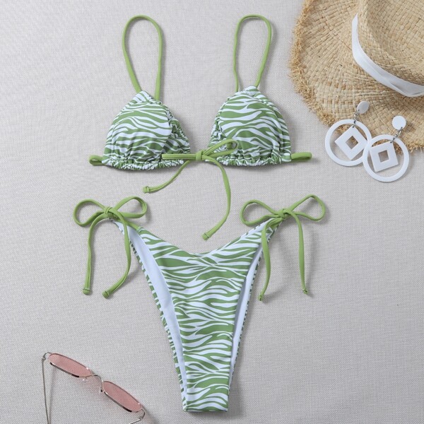 

Zebra Striped Triangle Tie Side Bikini Swimsuit, Green