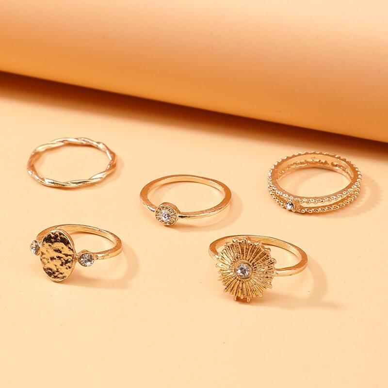 

5pcs Rhinestone Decor Ring Set, Gold