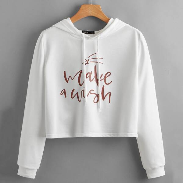

Slogan Graphic Crop Drawstring Hoodie, White