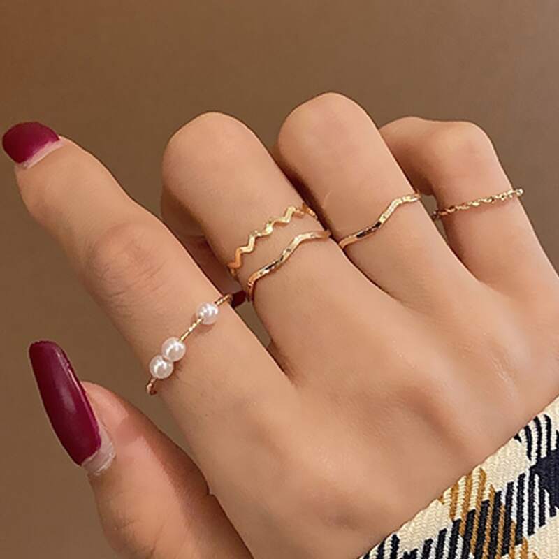 

5pcs Simple Faux Pearl Ring Set, Gold