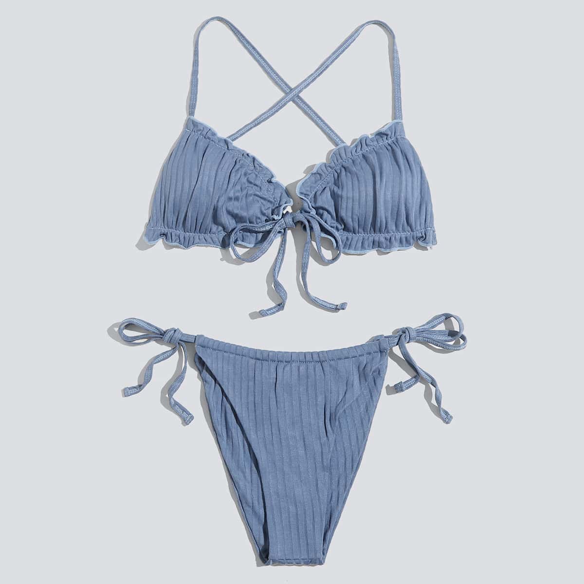 

Frill Trim Tie Side Bikini Swimsuit, Dusty blue