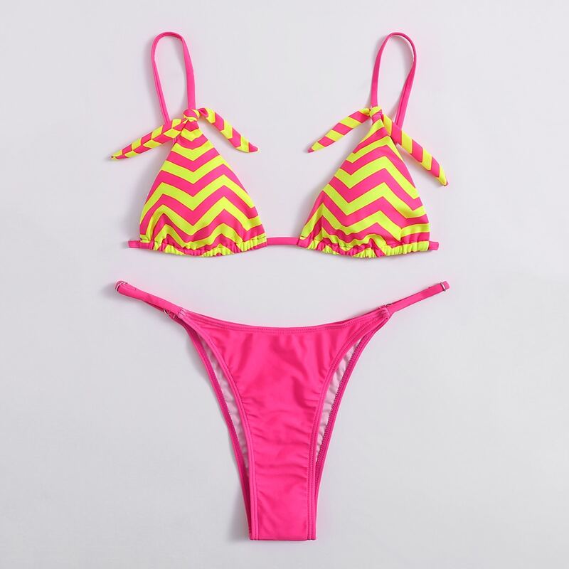 

Chevron Triangle Thong Bikini Swimsuit, Multicolor
