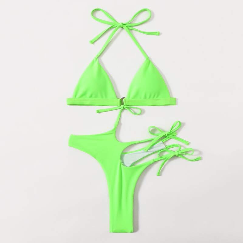 

Triangle Cut-out Tie Side Bikini Swimsuit, Green neon