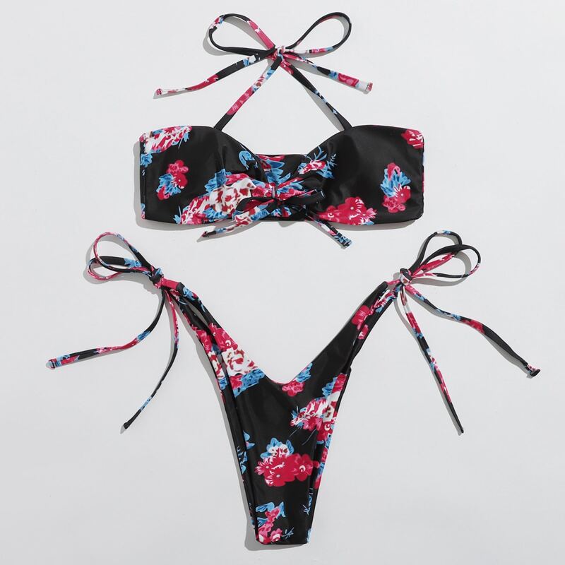

Floral Halter Thong Bikini Swimsuit, Multicolor